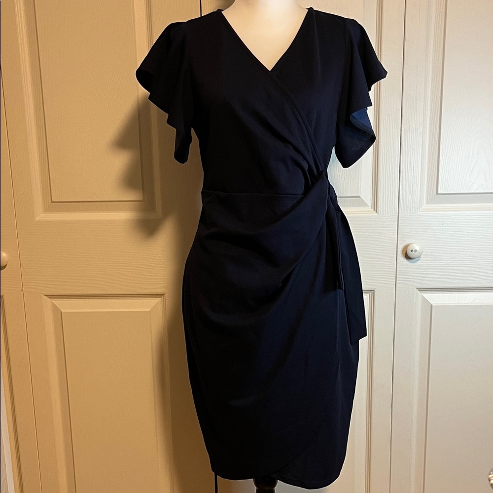 Women’s navy dress with ruffled sleeves, size XL